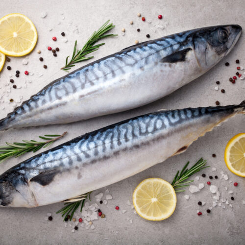 Fresh,Fish.,Mackerel,With,Salt,,Lemon,And,Spices,On,Gray